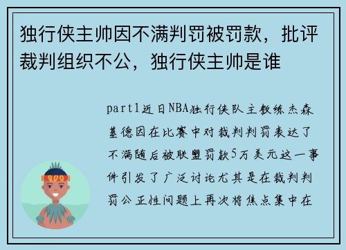 独行侠主帅因不满判罚被罚款，批评裁判组织不公，独行侠主帅是谁